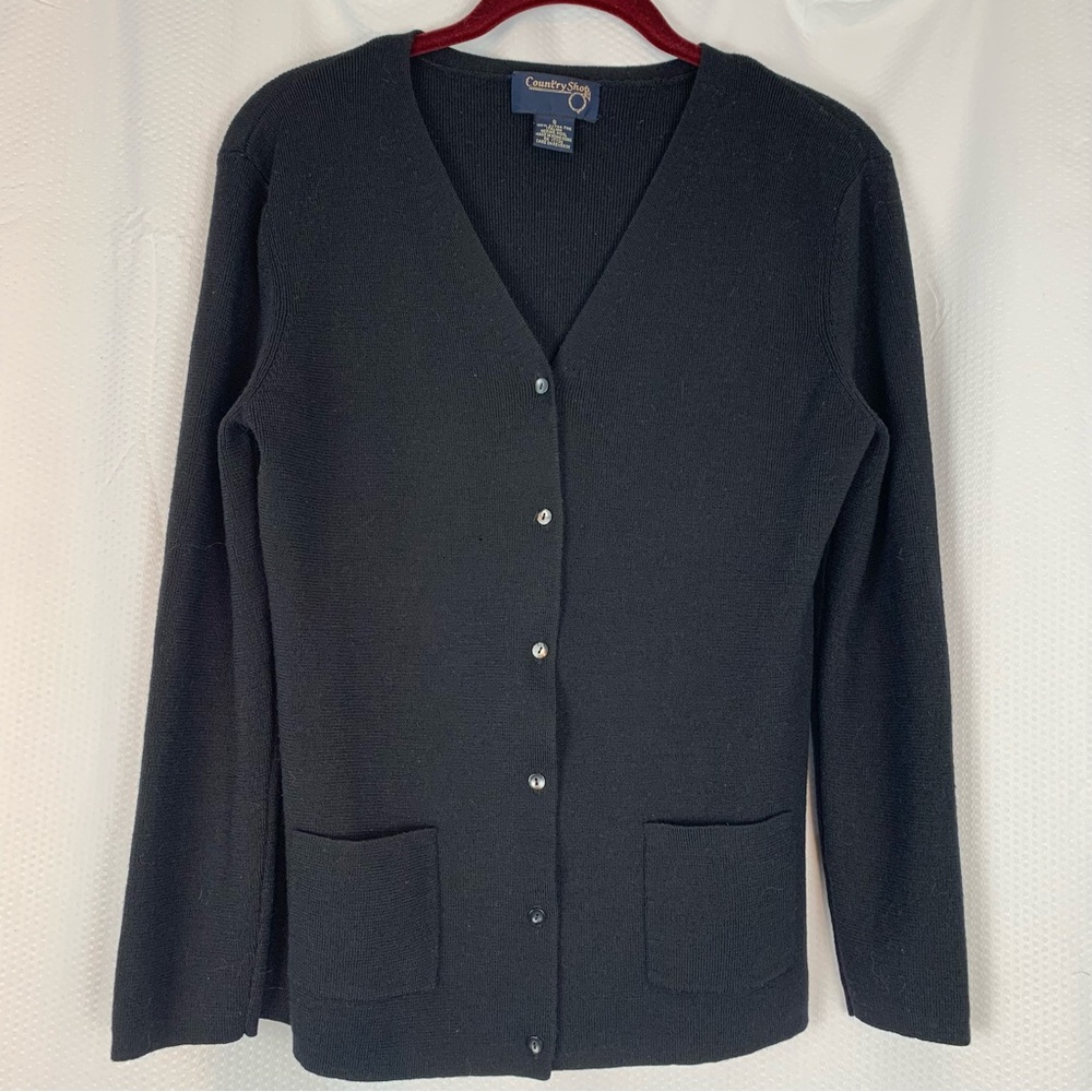 Vintage Country Shop 100% extra fine Italian merino wool black cardigan Sz Sm